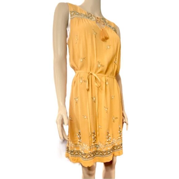 LOFT Mustard Embroidered Boho Dress M | Fall Floral Rayon Tassel Sleeveless - Picture 11 of 13